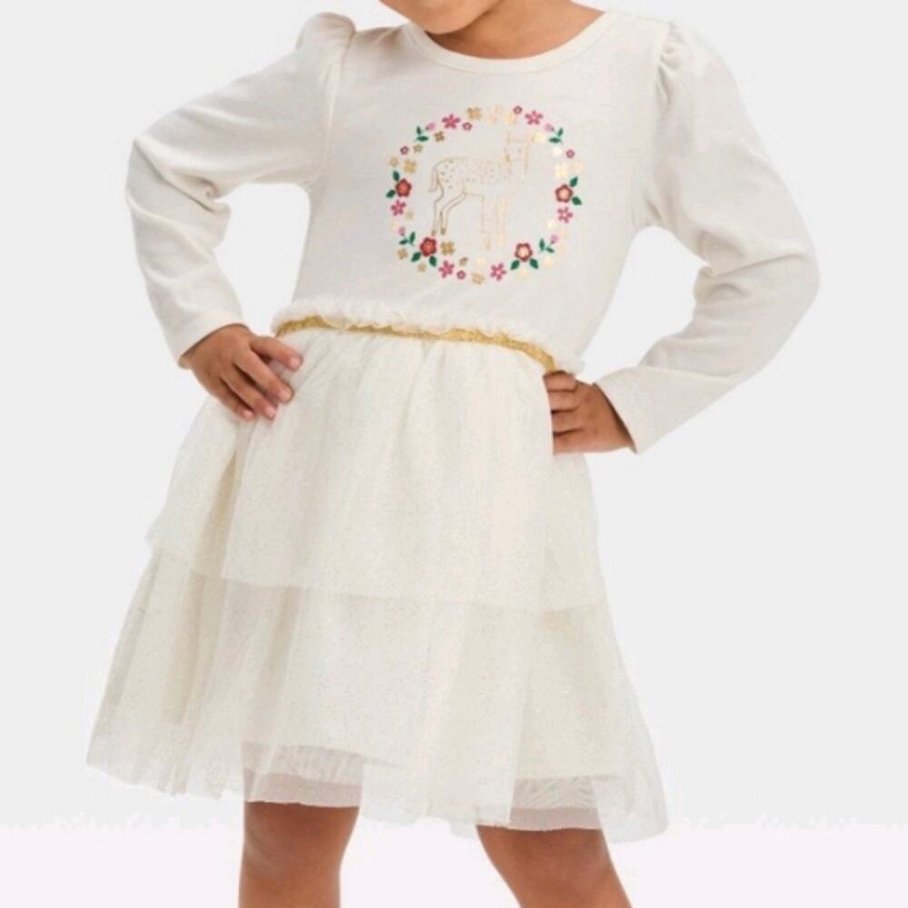 Cat & Jack Holiday Dress Floral Deer Gold Glitter Tulle Long Sleeve Ivory Sz 2T